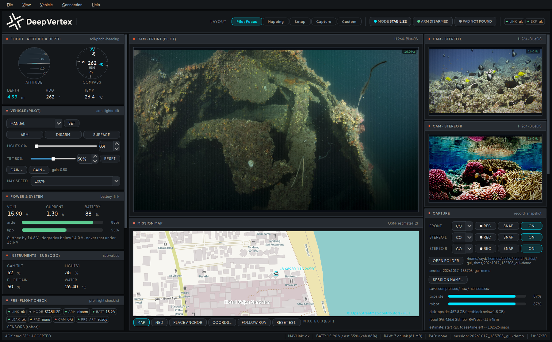 Manta Mission Console in Pilot Focus layout — live front and stereo camera feeds, telemetry and the mission map.